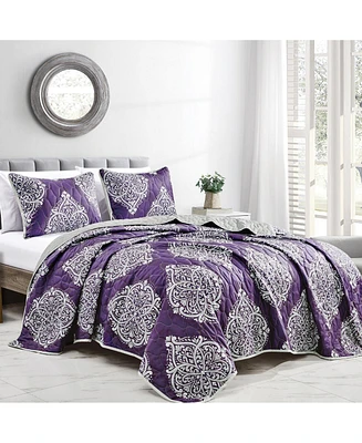 MarCielo 3 Piece Damask Printed Quilt Set Lightweight Bedspread Set Queen