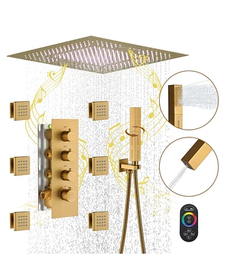 Boyel Living 3 Functions Luxury Shower System 64 Color Changeable Led Ceiling Head with Handheld and Body Jets, Brushed Gold