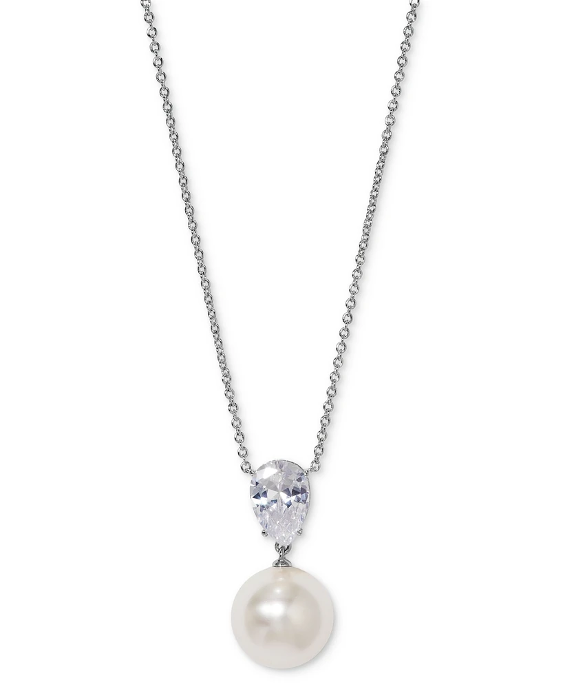 Eliot Danori Silver-Tone Pear-Cut Cubic Zirconia & Imitation Pearl Pendant Necklace, 16" + 2" extender, Exclusively at Macy's