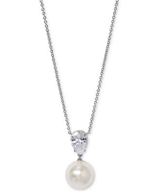 Eliot Danori Silver-Tone Pear-Cut Cubic Zirconia & Imitation Pearl Pendant Necklace, 16" + 2" extender, Exclusively at Macy's