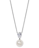 Eliot Danori Silver-Tone Pear-Cut Cubic Zirconia & Imitation Pearl Pendant Necklace, 16" + 2" extender, Exclusively at Macy's