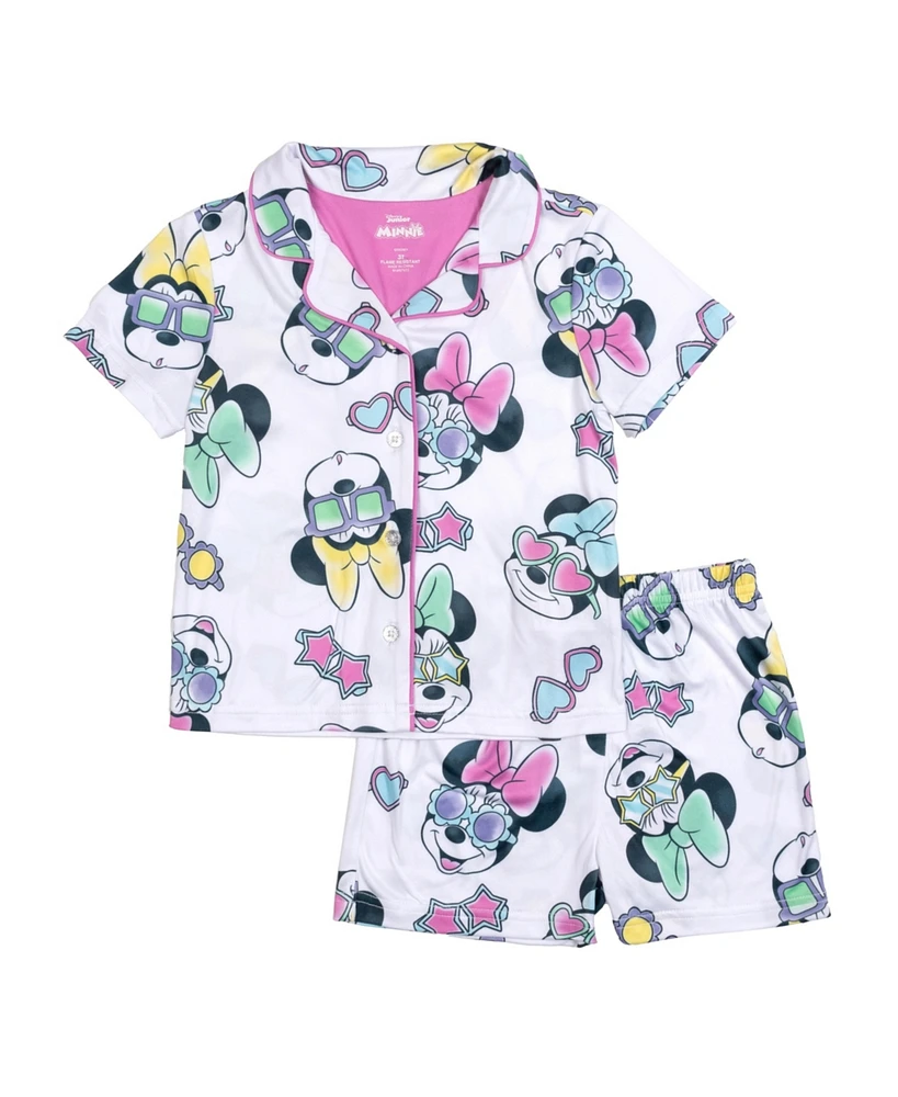 Minnie Mouse Toddler Girls Short Sleeve Button Down Sleep and Shorts, 2-Piece Pajama Set