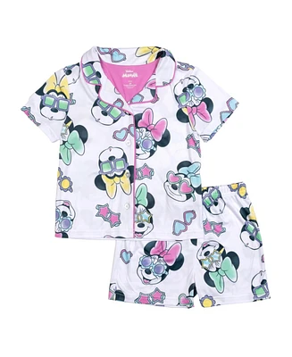 Minnie Mouse Toddler Girls Short Sleeve Button Down Sleep and Shorts, 2-Piece Pajama Set