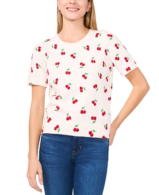 CeCe Women's Cherry-Print Short-Sleeve Cotton Crewneck Sweater