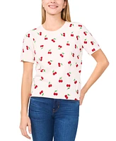 CeCe Women's Cherry-Print Short-Sleeve Cotton Crewneck Sweater