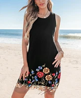 Cupshe Women's Black Sleeveless Floral Embroidered Hem Mini Beach Dress