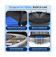 SereneLife 14ft Pumpkin Trampoline with Inner Enclosure, Ladder, and Basketball Hoop for Kids (Blue