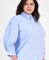 Anne Klein Plus Cotton Striped 3/4-Sleeve Shirt