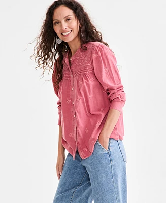 Style & Co Women's Embroidered Cotton Button-Front Top, Exclusively at Macy's