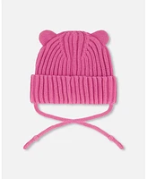 Deux par Deux Baby Girls Knit Hat With Strings Vibrant Pink