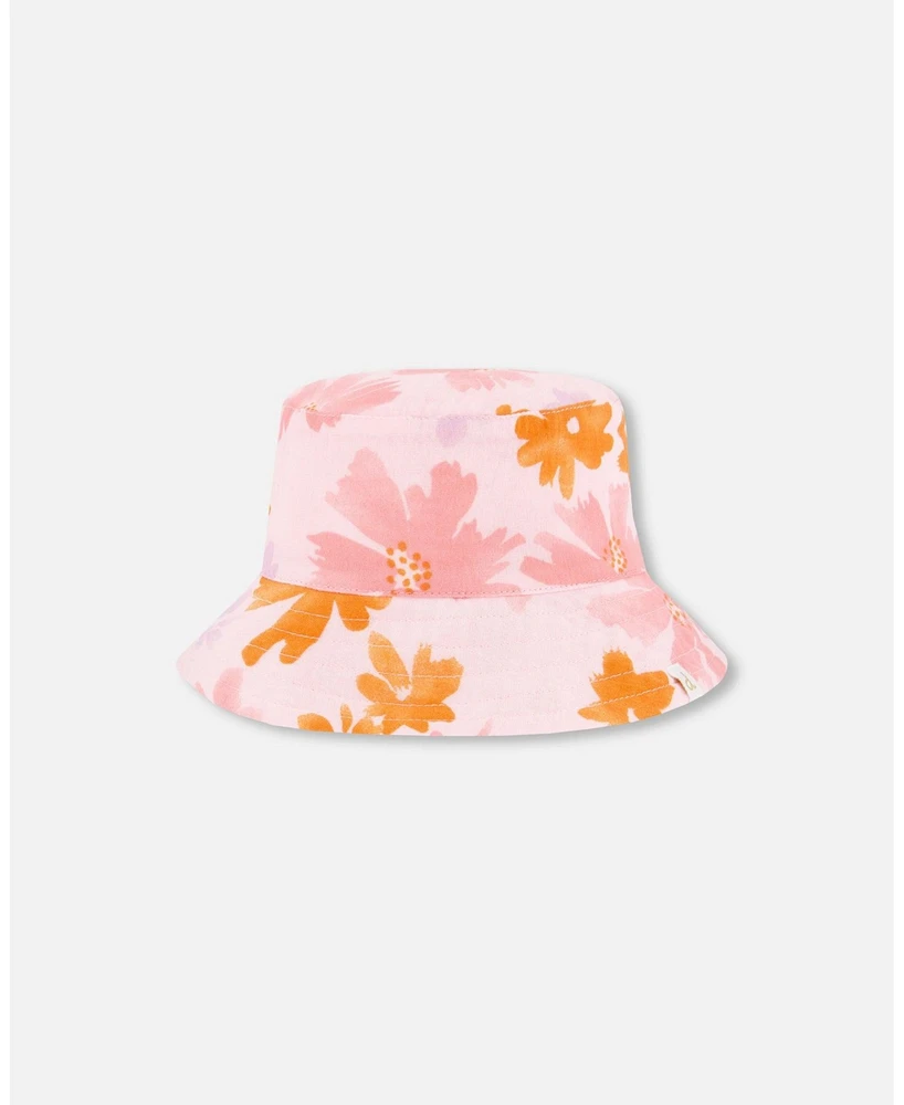 Deux par Deux Baby Girls Printed Muslin Bucket Hat Pink And Coral Flowers