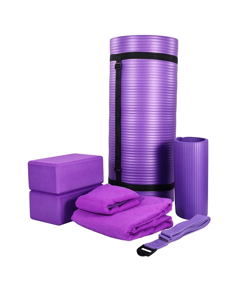 BalanceFrom Fitness 7 Piece Yoga Set with Mat, Stretch Strap, & Knee Pad, Purple