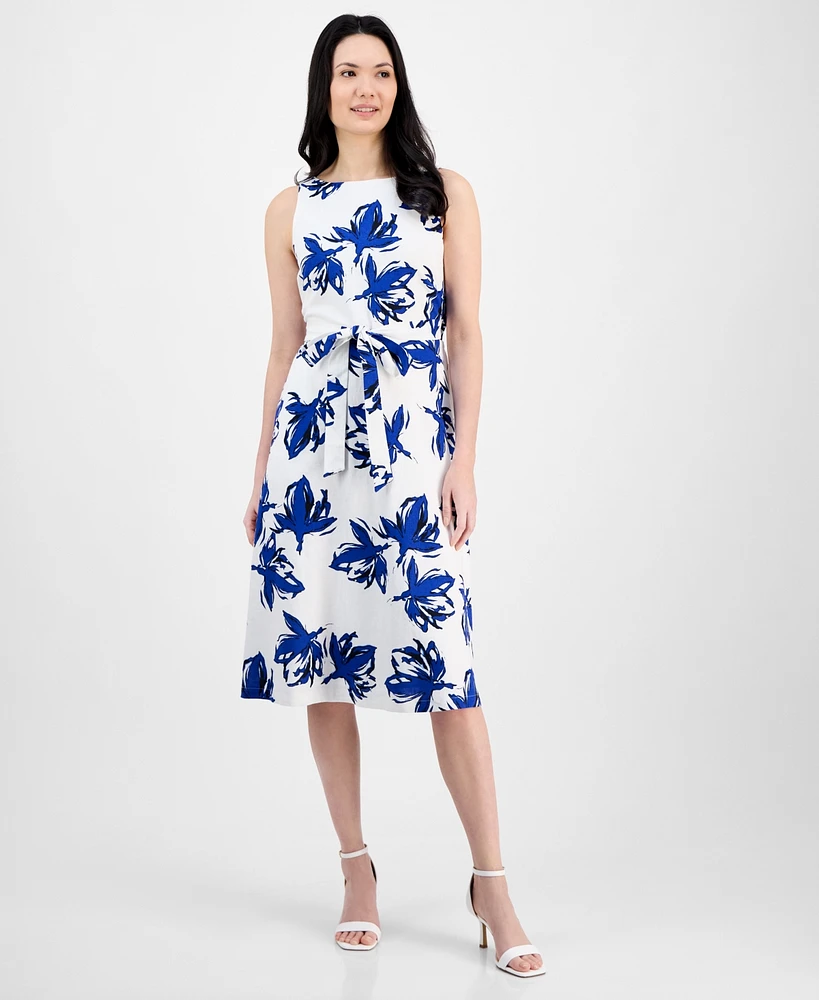 Anne Klein Women's Floral-Print Tie-Waist Sleeveless Dress