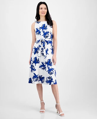 Anne Klein Women's Floral-Print Tie-Waist Sleeveless Dress