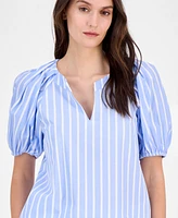 Anne Klein Women's Cotton Poplin Striped Puff-Sleeve Blouse