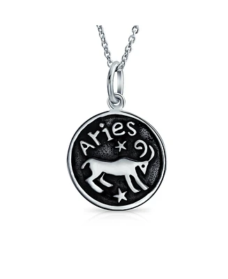 Bling Jewelry Aries Zodiac Sign Astrology Horoscope Round Medallion Pendant Women Necklace Antiqued Sterling Silver