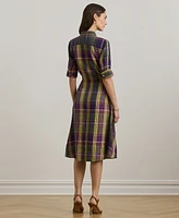 Lauren Ralph Petite 100% Linen Plaid Tie-Front Shirtdress