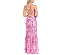 Morgan & Company Women's Strappy V-Neck Sequined Gown