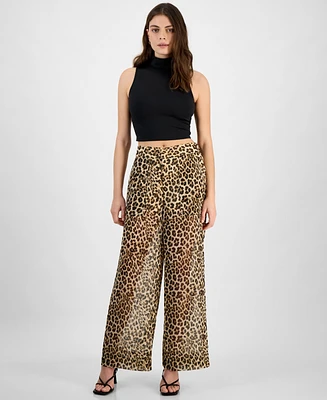 Bar Iii Women's Sheer Cheetah-Print High-Rise Wide-Leg Pants, Exclusively at Macy's