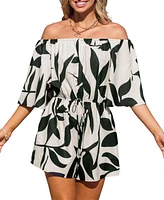 Cupshe Women's Black & White Tropical Off-Shoulder Wide Leg Romper