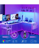 gaomon Reversible L Shaped Computer Desk with Hutch, 67" Gaming Desk with Led Lights & Power Outlets