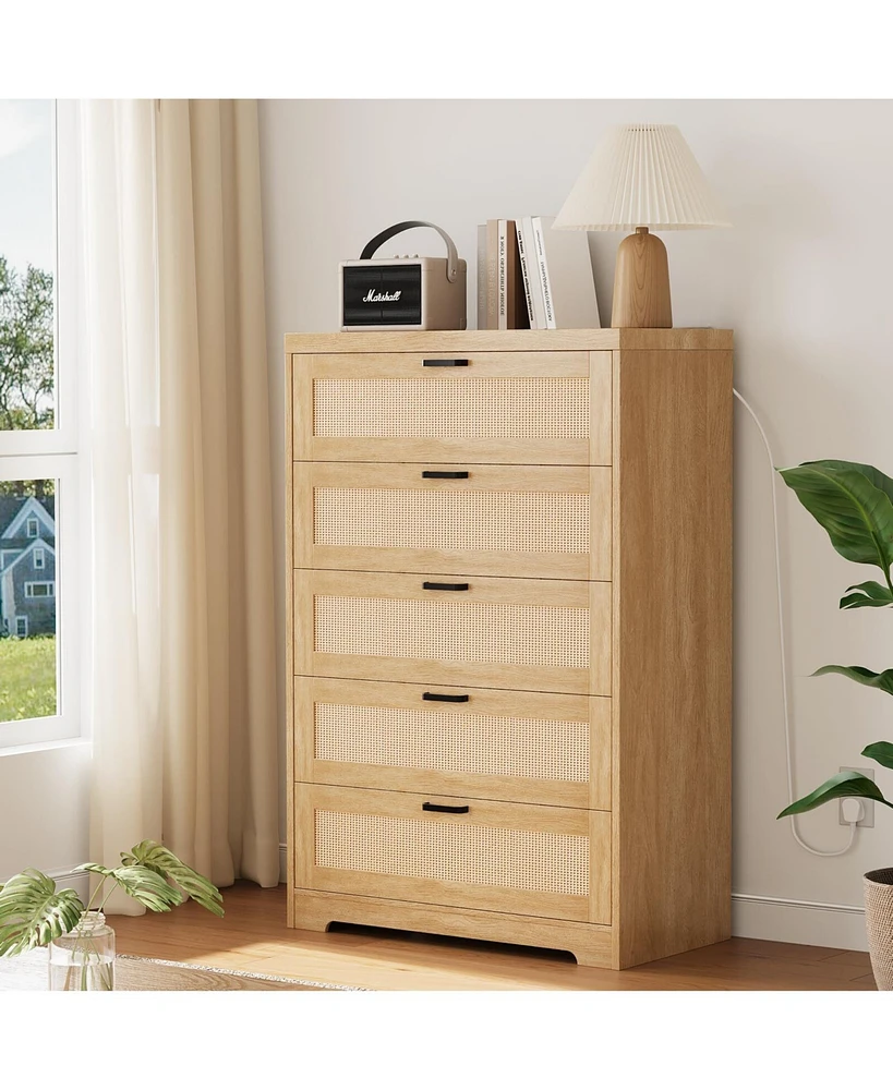 gaomon 5 Drawer Rattan Dresser for Bedroom, 47.27” Tall Dresser with Power Outlets, Wood Dresser Chest of Drawers with Metal Handles for Living