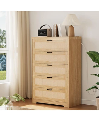 gaomon 5 Drawer Rattan Dresser for Bedroom, 47.27” Tall Dresser with Power Outlets, Wood Dresser Chest of Drawers with Metal Handles for Living