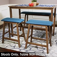 Rubberwood Backless Counter-Height Stools - Weathered Oak Finish with Blue Cushions - Set of 2