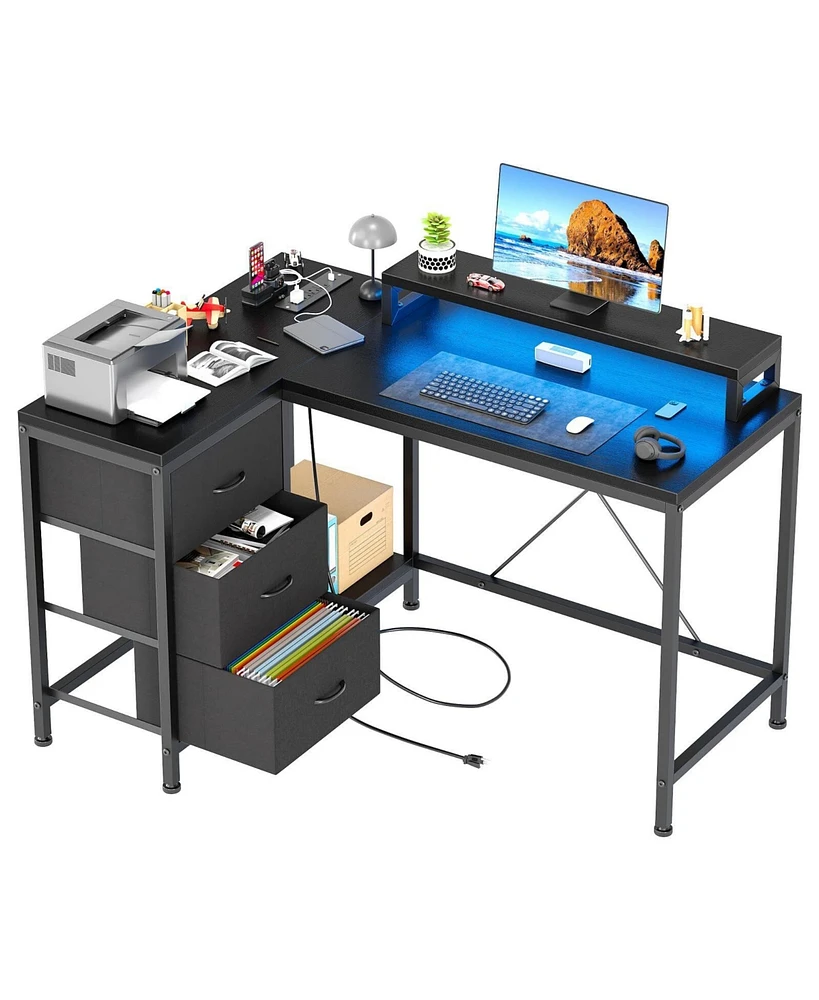 L Shaped Desk with Power Outlets & Led Lights