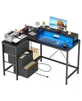 L Shaped Desk with Power Outlets & Led Lights