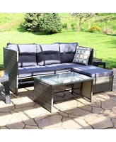 Longford Outdoor Patio Sectional Sofa Set - Backyard Brown Rattan Wicker Chaise Lounge Furniture with Coffee Table and Thick Cushions