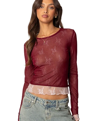 Edikted Womens Lacey Sheer Mesh Crew Neck Top