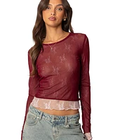 Edikted Women's Lacey Sheer Mesh Crew Neck Top