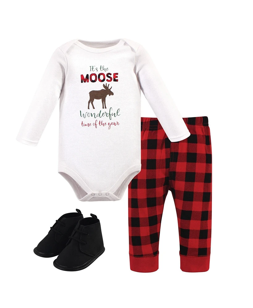 Hudson Baby Baby Boys Hudson Cotton Bodysuit, Pant and Shoe 3pc Set, Moose Wonderful Time, 6-9 Months