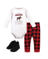 Hudson Baby Baby Boys Hudson Cotton Bodysuit, Pant and Shoe 3pc Set, Moose Wonderful Time, 6-9 Months