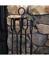 Sunnydaze Decor 4-Piece Fireplace Tool Set with Stand - Heavy-Duty Black Steel Poker, Shovel, Log Grabber and Broom