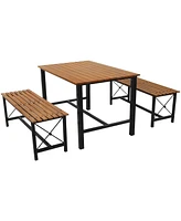 Indoor or Outdoor 3-Piece Dining Table Set - European Chestnut Patio Dining Table with Benches - 47.25-Inch x 15.25-Inch