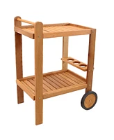 Sunnydaze Decor Outdoor Wood Bar Cart with Wheels - Malaysian Hardwood with Teak Oil Finish - 27.5" Wide x 35.5" High