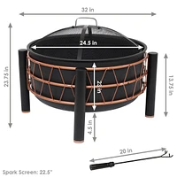 24.5-Inch Black Steel Wood-Burning Fire Pit with Copper-Colored Trapezoid Pattern - Includes Protective Pvc Cover