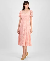 Anne Klein Petite Lace Square-Neck Puff-Sleeve Smocked-Back Dress