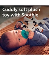 Philips Avent Soothie snuggle, 0m+, cow + Soothie Green 4 Pack
