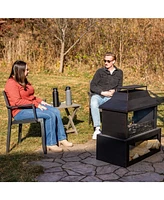 Sunnydaze Decor Backyard Blaze 35-Inch H Heavy-Duty Steel Outdoor Fireplace with Built-In Log Storage - Includes Protective Cover - Brushed Bronze