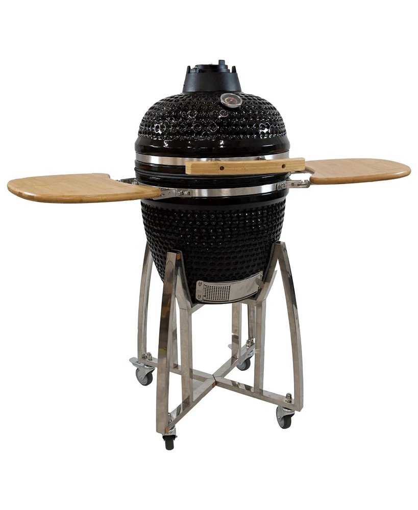 Sunnydaze Decor 18" Kamado Charcoal Grill with Smoker Combo - Outdoor Ceramic Bbq Side Tables and Wheels Red