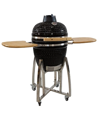 Sunnydaze Decor 18" Kamado Charcoal Grill with Smoker Combo - Outdoor Ceramic Bbq Side Tables and Wheels Red