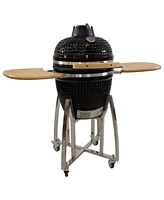 Sunnydaze Decor 18" Kamado Charcoal Grill with Smoker Combo - Outdoor Ceramic Bbq Side Tables and Wheels Red