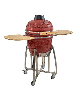 18" Kamado Charcoal Grill with Smoker Combo - Outdoor Ceramic Bbq Grill with Side Tables and Wheels - Black