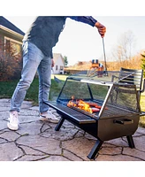 Sunnydaze Decor 36-Inch Steel Outdoor Fire Pit with Grill and Spark Screen - Pvc Protective Cover - Heat-Resistant Finish - Black