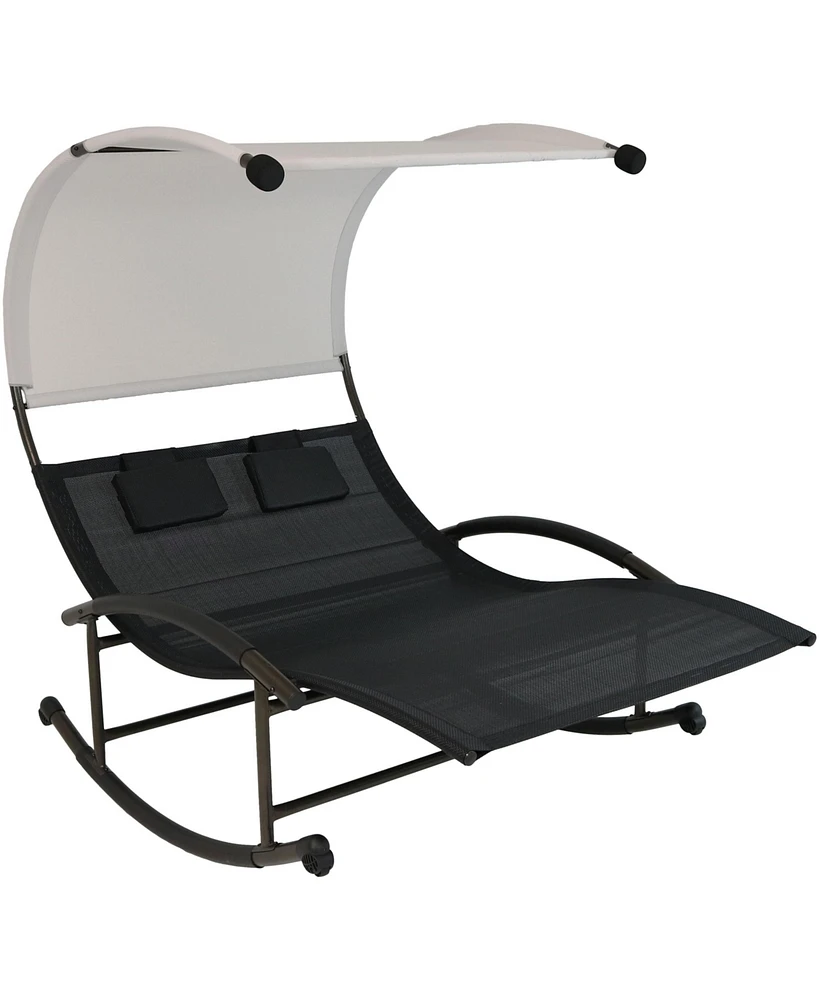 Outdoor Double Chaise Rocking Lounge Chair with Canopy and Headrest Pillows - Black and White with Powder-Coated Frame