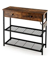 Gouun Narrow Console Table with 2 Drawers and 2 Metal Mesh Shelves