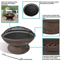 Sunnydaze Decor 25-Inch Chalice Steel Wood-Burning Fire Pit with Spark Screen and Poker - Copper Finish